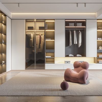 现代衣帽间、奶油风衣帽间、衣柜、衣服,休闲沙发,地毯，玻璃柜门、饰品