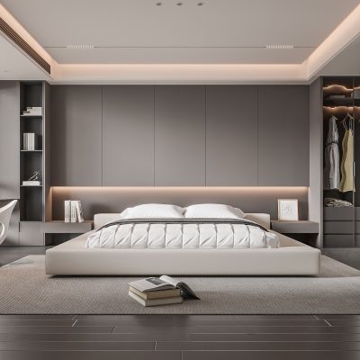 现代卧室 双人床 饰品 休闲椅 床头吊灯 无主灯造形吊顶 衣柜