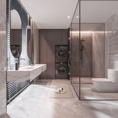 现代卫生间 浴室柜 洗脸盆 镜柜 玻璃隔断 浴缸 洗衣机 烘干机