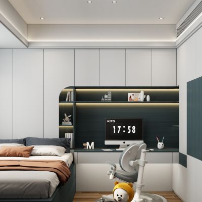 奶油原木风书桌衣柜一体式榻榻米儿童卧室