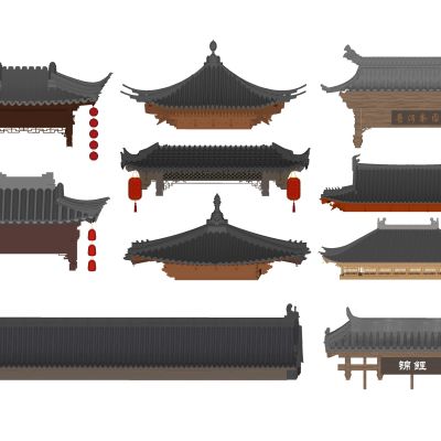 中式古建坡屋顶瓦片马头墙飞檐屋檐飞脊门头传统建筑照壁顶建筑构件歇山屋顶亭子红灯笼