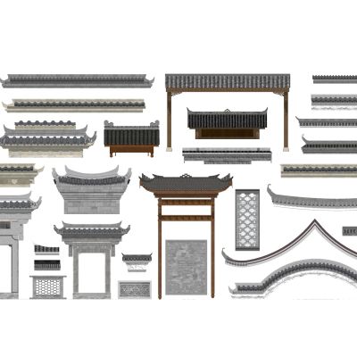 中式古建坡屋顶瓦片马头墙飞檐屋檐飞脊门头传统建筑屋顶样式建筑构件徽派建筑