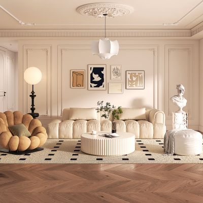 法式客厅 沙发茶几组合 落地灯 组合画 吊灯