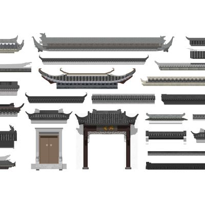 中式古建坡屋顶瓦片马头墙飞檐屋檐飞脊门头传统建筑屋顶样式建筑构件