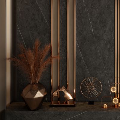 意式轻奢黑金风岩板造型入户玄关
