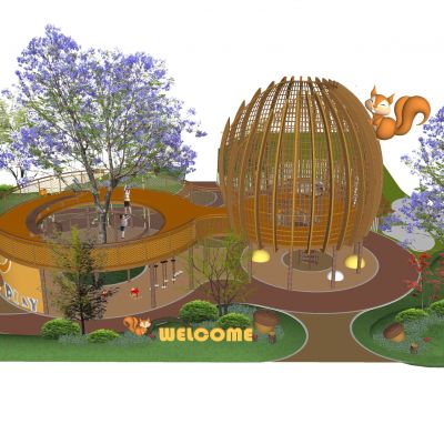 现代儿童活动区公园游乐儿童活动器械互动装置森立主题松树雕塑景观树植物