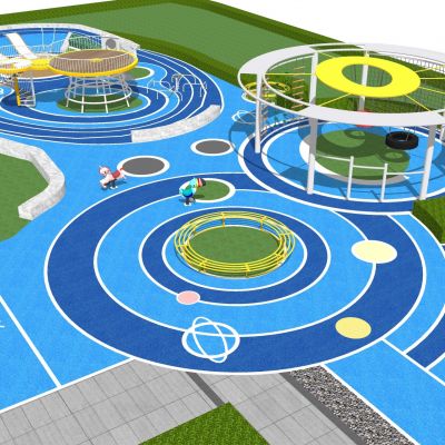 现代儿童活动区居住区儿童游乐设施洗手池活动器组合械滑梯秋千吊环健身墙景观座椅活动场地涂鸦墙沙坑跑道