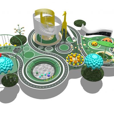 现代儿童活动区居住区儿童游乐设施洗手池活动器械滑梯秋千吊环健身墙景观座椅活动场地涂鸦墙沙坑