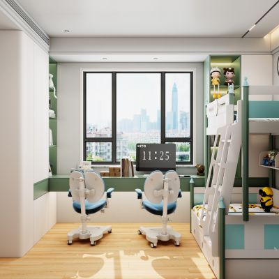 北欧奶油风书桌衣柜一体式小清新上下铺儿童房