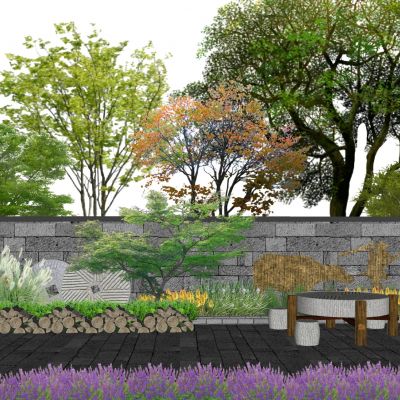 2d植物乡村植物组团花镜景墙乔木灌木花卉石桌椅景墙木柴堆鼠尾草鸢尾景石