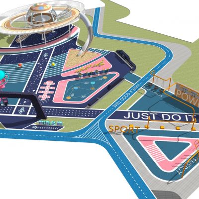 现代儿童活动区居住区儿童游乐设施太空主题星球系列洗手池活动器械滑梯秋千吊环成人健身墙景观座椅活动场地