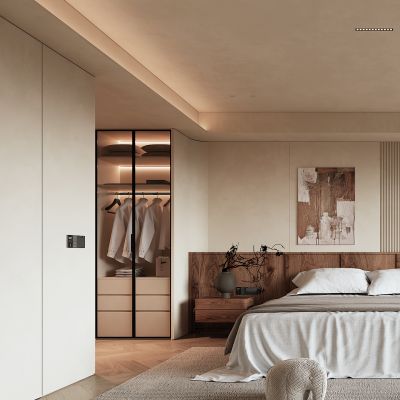 侘寂风格卧室_装饰柜_摆件_装饰品_陶瓷_书本_床组合_衣柜1