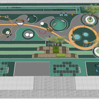 现代儿童活动区居住区儿童游乐设施活动器械滑梯秋千吊环健身墙景观座椅活动场地树池座椅涂鸦墙跷跷板