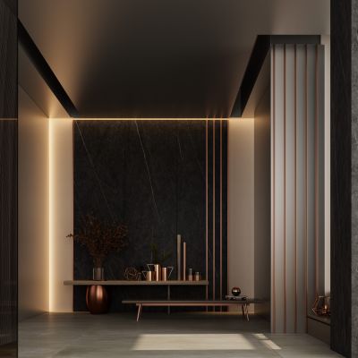 意式轻奢风黑金风岩板入户玄关