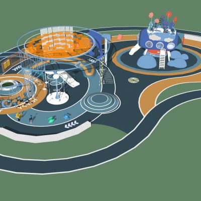 现代儿童活动区居住区儿童游乐设施活动器械滑梯秋千吊环健身墙景观座椅活动场地天空主题飞机涂鸦景墙景观座椅