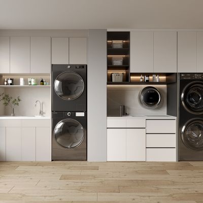 3d现代阳台洗衣机柜 一体化洗衣机烘干机