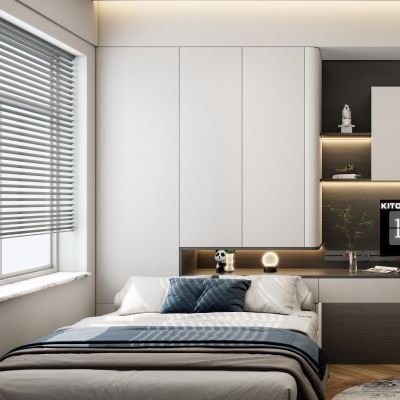 意式奶油风书桌衣柜一体式榻榻米卧室