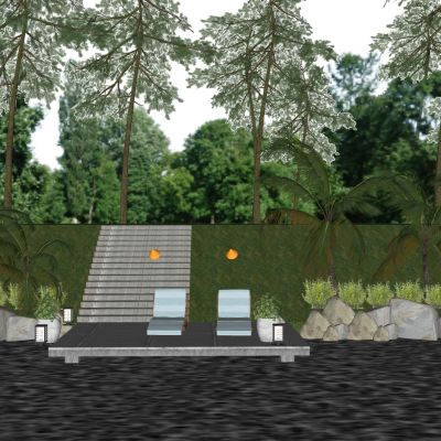 3d植物景观椰子树松树背景树景石盆栽灯具躺椅卵石盆栽台阶