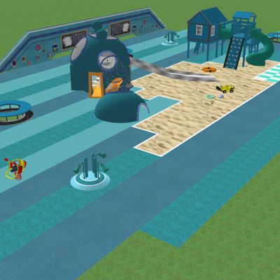 现代儿童活动区居住区儿童游乐设施活动器械滑梯秋千吊环健身墙景观座椅活动场地涂鸦墙沙坑