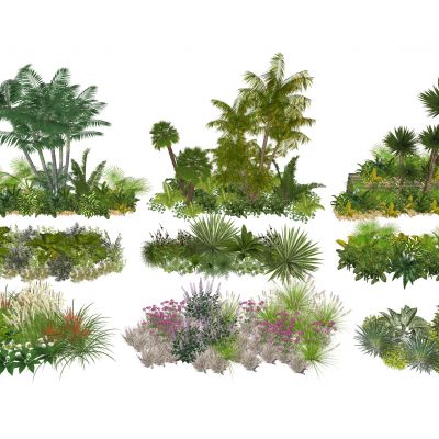 3d景观植物灌木花丛花卉组合花镜观赏花卉剑麻乔木棕榈树灌木观赏草