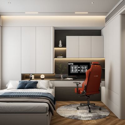 意式奶油风书桌衣柜一体式榻榻米卧室