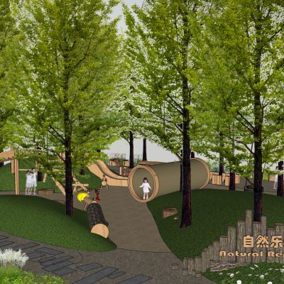 现代儿童活动区公园游乐儿童活动器械互动装置森立主题松树雕塑景观树植物自然乐园原木游乐设施
