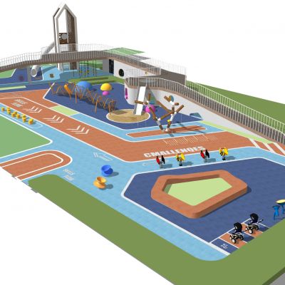 现代儿童活动区居住区儿童游乐设施洗手池活动器械滑梯秋千吊环健身墙景观座椅活动场地涂鸦墙沙坑跑道