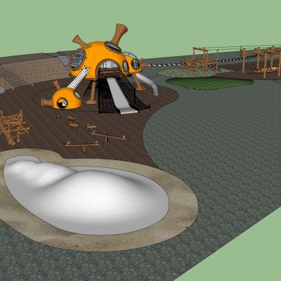 现代儿童活动区公园游乐儿童活动器械互动装置森立主题松树雕塑滑梯秋千火车轨道攀爬网