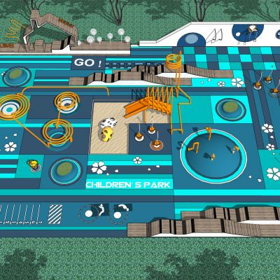 现代儿童活动区居住区儿童游乐设施活动器械滑梯秋千吊环健身墙景观座椅活动场地