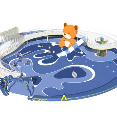 现代儿童活动区居住区儿童游乐设施小熊雕塑洗手池活动器械滑梯秋千吊环成人健身墙景观座椅活动场地婴儿车