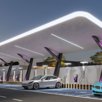 现代新能源充电站 比亚迪充电桩 户外停车场 汽车跑车