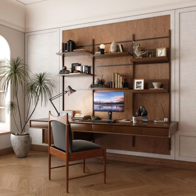 侘寂中古风书房_装饰隔板_书柜_书桌椅