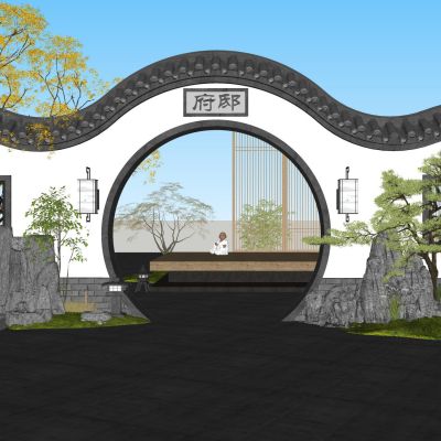 中式庭院景观景墙月亮门花窗漏窗景石徽派马头墙瓦片景观植物景石人物雕塑红枫造型树