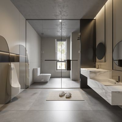 现代卫生间 浴室柜 洗脸盆 镜柜 小便器 玻璃隔断