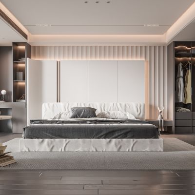 现代卧室 双人床 饰品 休闲椅 床头吊灯 无主灯造形吊顶 衣柜