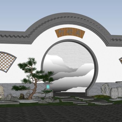 中式景墙围墙景观小品景观石造型松假山竹子石砾月亮门拱门月洞门花窗石桌椅汀步