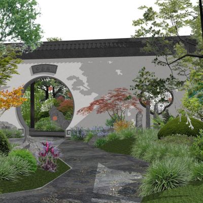 中式庭院景观景墙月亮门花窗漏窗景石徽派马头墙瓦片景观植物灌木球地被花卉花境组合