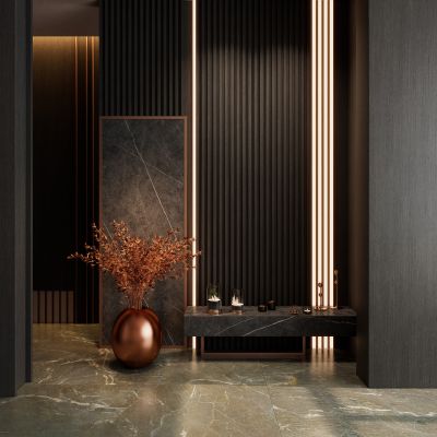意式轻奢黑金风岩板造型入户玄关