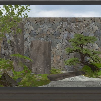 日式庭院景观小品景石枯山水毛石景墙围墙塑木围栏景石景观树景观植物乔木灌木地被苔藓植物