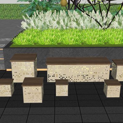 现代特色景观座椅穿孔板景观灯方块灯氛围灯发光小品景观座椅商业外摆户外家具种植池景观树