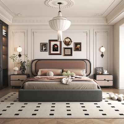 法式风格卧室 双人床 床头柜 衣柜 吊灯 壁灯 装饰画 饰品摆件 绿植