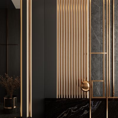 意式轻奢黑金风岩板造型入户玄关