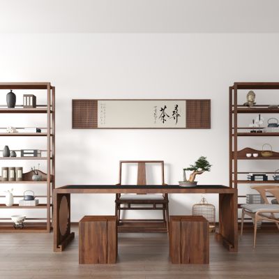 新中式茶室 书柜 挂画