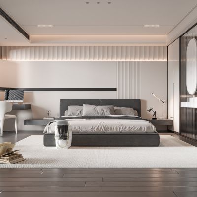 现代卧室 双人床 饰品 休闲椅 床头吊灯 无主灯造形吊顶 衣柜