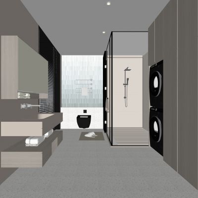 现代卫生间 浴室柜 洗脸盆 镜柜 玻璃隔断 浴缸 洗衣机 烘干机