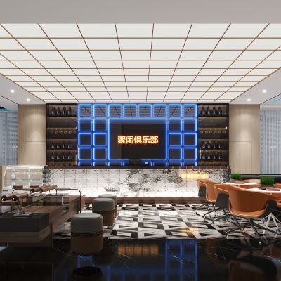 现代台球厅 休闲桌椅组合，三门展示冰柜，零食货架，台球桌，等候沙发椅 台球展示架