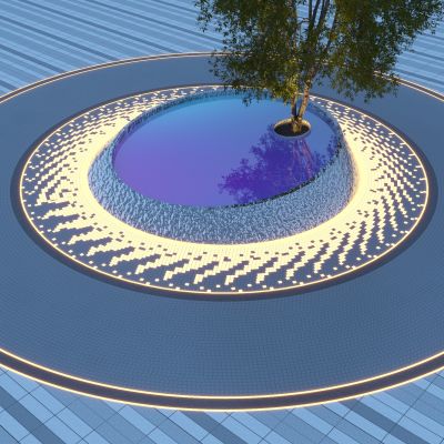现代水景_镜面水景_圆形水景_铺装跳色幻彩玻璃