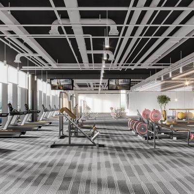 现代健身房 健身器械 卧推架 跑步机 哑铃 杠铃 动感单车