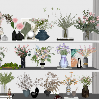 现代花瓶花卉组合 装饰摆件 书 雕塑 画 干花 玫瑰花 柠檬 水生植物 花瓶摆件 