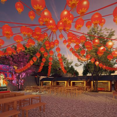 中式传统商业街露天网红摊位 传统国潮新型商业街区 古镇老街集市小吃摊商铺街